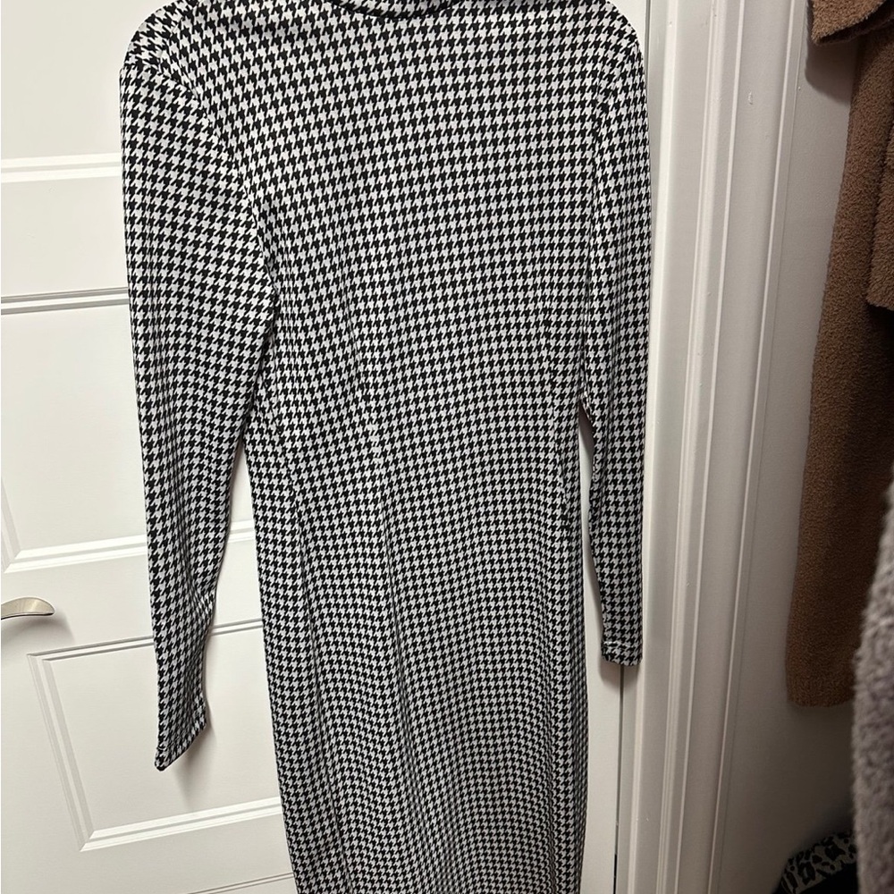 Byegreis Elegant Black and White Houndstooth Dress
